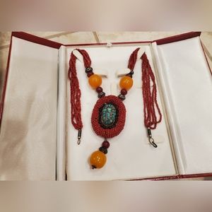 Antique Tribal Handmade Turquoise Necklace with Coral and Amber Beads